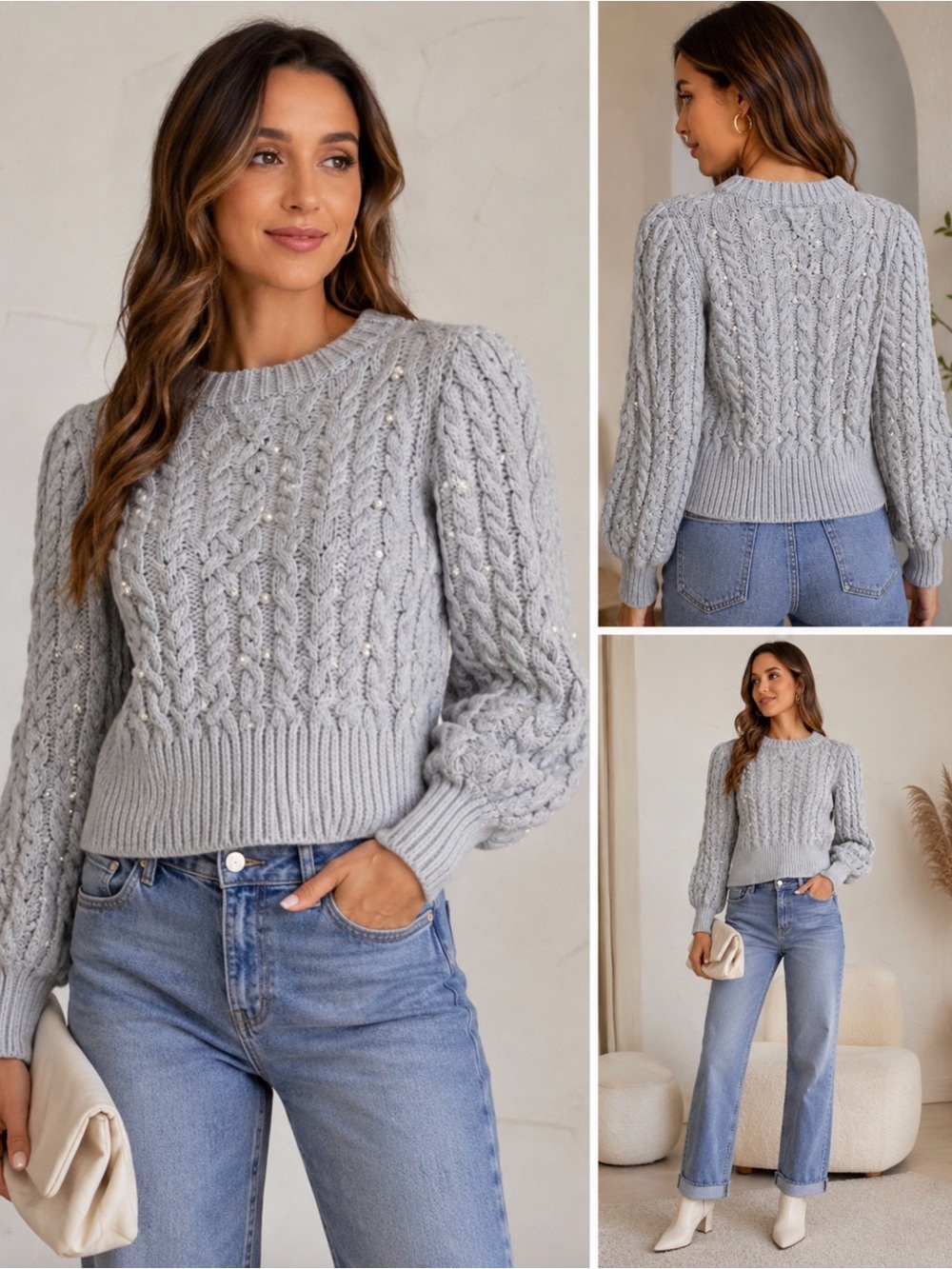 House of Harlow 1960 Cable Knit Pearl Embellished Sweater Gray Size M NWT